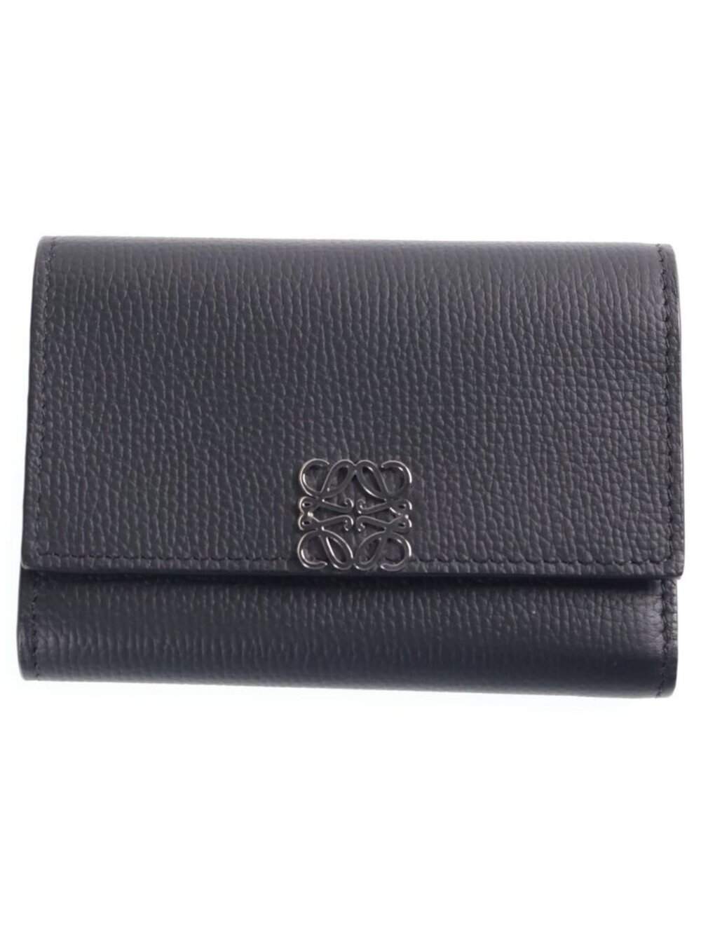 Loewe Anagram Trifold Wallet Compact Coin Purse Black Leather Silver